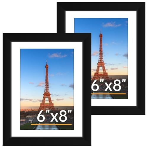 FIXSMITH 6x8 Picture Frame Set of 2 Photo Frame with HD Plexiglass Display Pictures 5x7 with Mat or 6x8 Without Mat Multi Picture Frames Collage for Tabletop or Wall Display Black