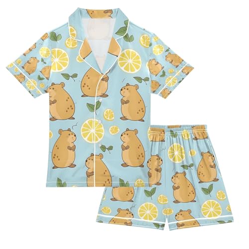 senya Cute Capybara and Lemon Satin Summer Pajama Sets Silk Short Sleeve Button Down Sleepwear