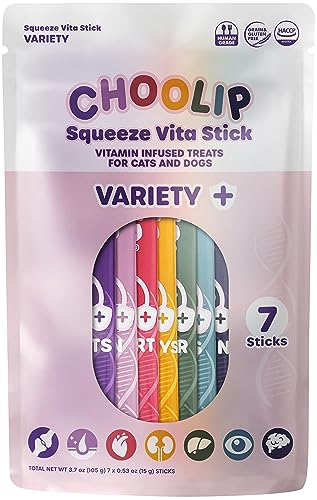 Choolip Squeeze Vita Stick Lickable Cat and Dog Treats - 7-Count Variety Pack - Creamy Puree with Multivitamins for Joints Skin Heart Kidney Liver Eyes & Brain - Grain-Free & Vet-Formulated