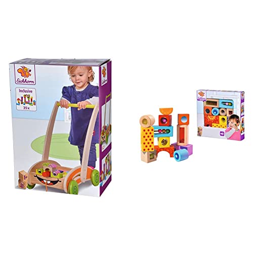 Eichhorn 100001833 - Eichhorn, Spiel- und Lauflernwagen - teilmontiert - 39 x 25 x 44 cm & Klangbausteine – 12 bunte Holzbausteine die Geräusche machen, für Kinder und Babys ab 12 Monaten