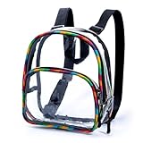 Clear Small Mini Backpack for Stadium Events, Concerts, Festivals, Stadium Approved, Size 9'H x 7'L x 3.5'W, Rainbow Canvas, Colorful Zippers, Adjustable Straps, 2 Compartments, Carrying Handle