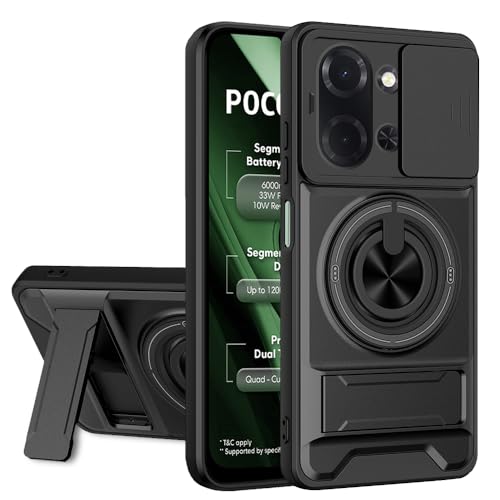Image of AESTMO Poco C85 5G Back Cover | Armor Camera Slider 360 Degree Rotating Finger Ring Holder Case with Bracket Stand Back Case Cover (Compatible with MagSafe Accessories) (Black)