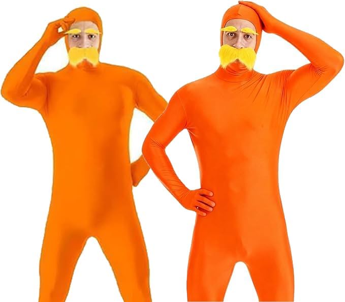 1-2PC Orange Jumpsuit Costume Adult Yellow Mustache and Eyebrows Jumpsuit Halloween Costumes Men Full Body Open Face Orange Bodysuit Cosplay Costume