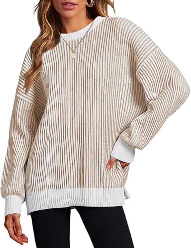 Zeagoo Women Sweater Long Sleeve Color Block Loose Pullover Rib Knit Blouse Tops
