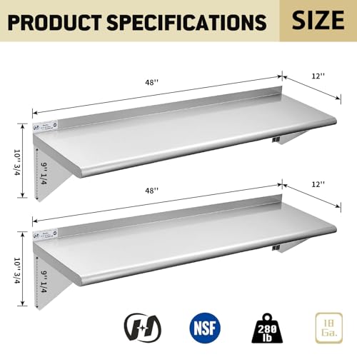 Image of Hally Stainless Steel Shelf Wall Mounted Metal Shelf Wall Shelf 12 x 48 NSF Heavy Duty 280 lb Capacity, Commercial Wall Mounted Storage Rack for Kitchen, Garage, Laundry Room 2 Pack