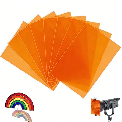 mawmuaw 8 pezzi di pellicola colorata arancione resistente al calore per lampade LED e flash da studio, filtro colore A4, colore arancione trasparente, pellicola colorata per foto, video e fai da te