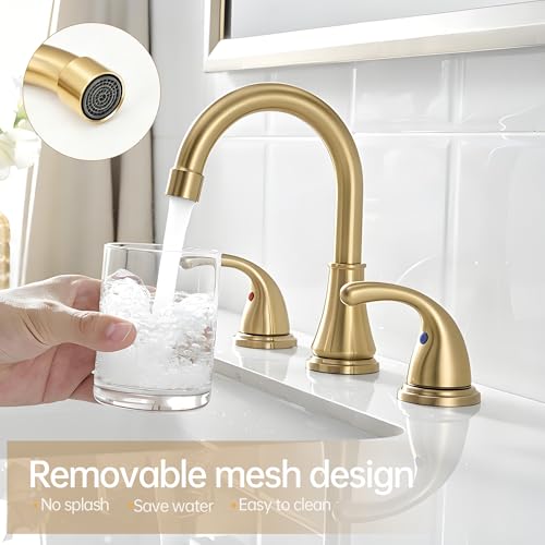Image of Bathroom Sink Faucet FRANSITON Centerset 8 Inch 2 Handle Bathroom Sink Faucet Lead-Free with Pop-up Drain Stopper and Supply Hoses (Brushed Gold, 8 Inch)