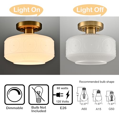 Image of DAYCENT Semi Flush Mount Ceiling Light Gold Modern Ceiling Lighting 9-Inch Vintage Globe Milk White Glass Hallway Light Fixtures Hardwired Small Brass Flush Mount Light for Bathroom Porch Entryway