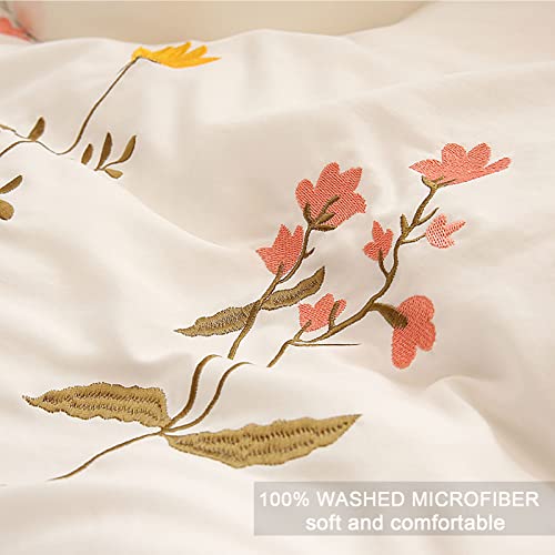 Bedbay White Floral Bedding Twin Size Duvet Cover Set Pretty Floral Embroidered Ultra Soft Luxury 3 Pcs Boho Aesthetic Bedding Set With Zipper Ties(White,Twin) #TOP3
