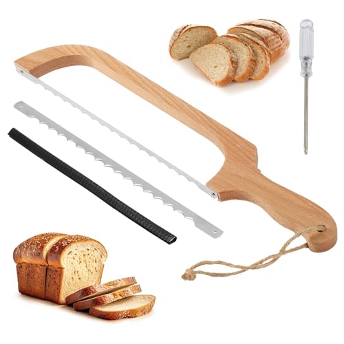 Bread Slicer for Homemade Bread,16″ Wooden Bread Bow Knife Serrated Slicer, Premium Stainless Steel Serrated Saw Sourdough Bread Cutter for Bagels Baguettes, Screwdrive & Blade Guard
