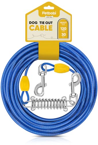 Petbobi Dog Tie-Out Cable 30ft -Heavy Duty Dog Lead Up to 120 lbs Outdoor Leash Metal Cable with Shock Spring 360 Swivel Clips for Yard Camping Fit Small Medium Large Pets Blue