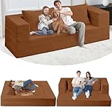 Cansunna Folding Bean Bag Chair for Adults,3-in-1 Bean Bag Couch Faux Fur Floor Sofa Large Beanbag Convertible Bean Bag Sofa Bed with Pillow in Bedroom,Living Room,Apartment(Queen,Caramel)