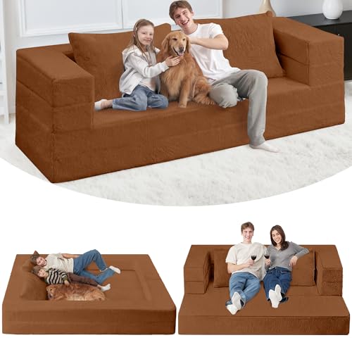 Cansunna Folding Bean Bag Chair for Adults,3-in-1 Bean Bag Couch Faux Fur Floor Sofa Large Beanbag Convertible Bean Bag Sofa Bed with Pillow in Bedroom,Living Room,Apartment(Queen,Caramel)