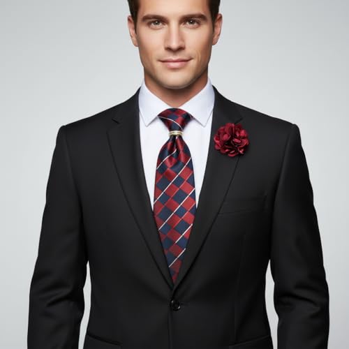 Image of 5PCS Mens Premium Silk Tie, Pocket Square, Cufflinks, Drilled Tie Ring and Lapel Pin Set for Wedding Groom Party