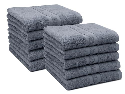 ZOLLNER 10er Set Handtücher in 50x100 cm - Flauschige Duschtücher aus Baumwolle - mit moderner Streifenbordüre - bis 60°C waschbar - mit praktischem Aufhänger - in grau - Hotelqualität ZOLLNER 10er Set Handtücher in 50x100 cm - Flauschige Duschtücher aus Baumwolle - mit moderner Streifenbordüre - bis 60°C waschbar - mit praktischem Aufhänger - in grau - Hotelqualität