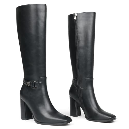 Zzheels Women's Knee High Boots Square Toe Chunky Knee Heeled Boots Long Boots for Women