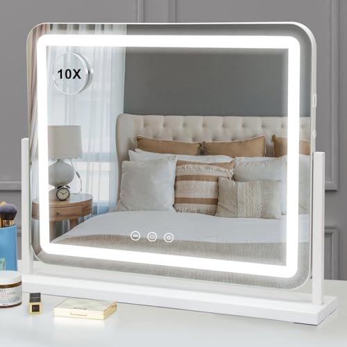 LIANWANG 360° Espejo de Maquillaje con Luz LED 55x45 cm, 3 Modos de Iluminación, Control Táctil, Cargador USB, Función de Memoria, Montaje en Pared y Sobremesa, Blanco