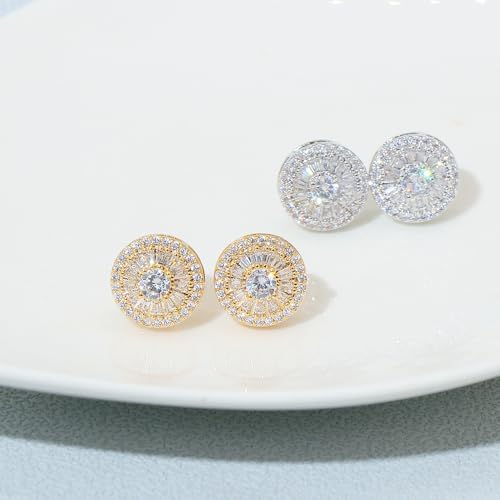 LuReen Earring Studs for Men Women - 18K Gold Plated Cubic Zirconia Stud Earrings Set, Iced Out CZ Studs, Simulated Diamond Halo Earrings (2 Pairs)2