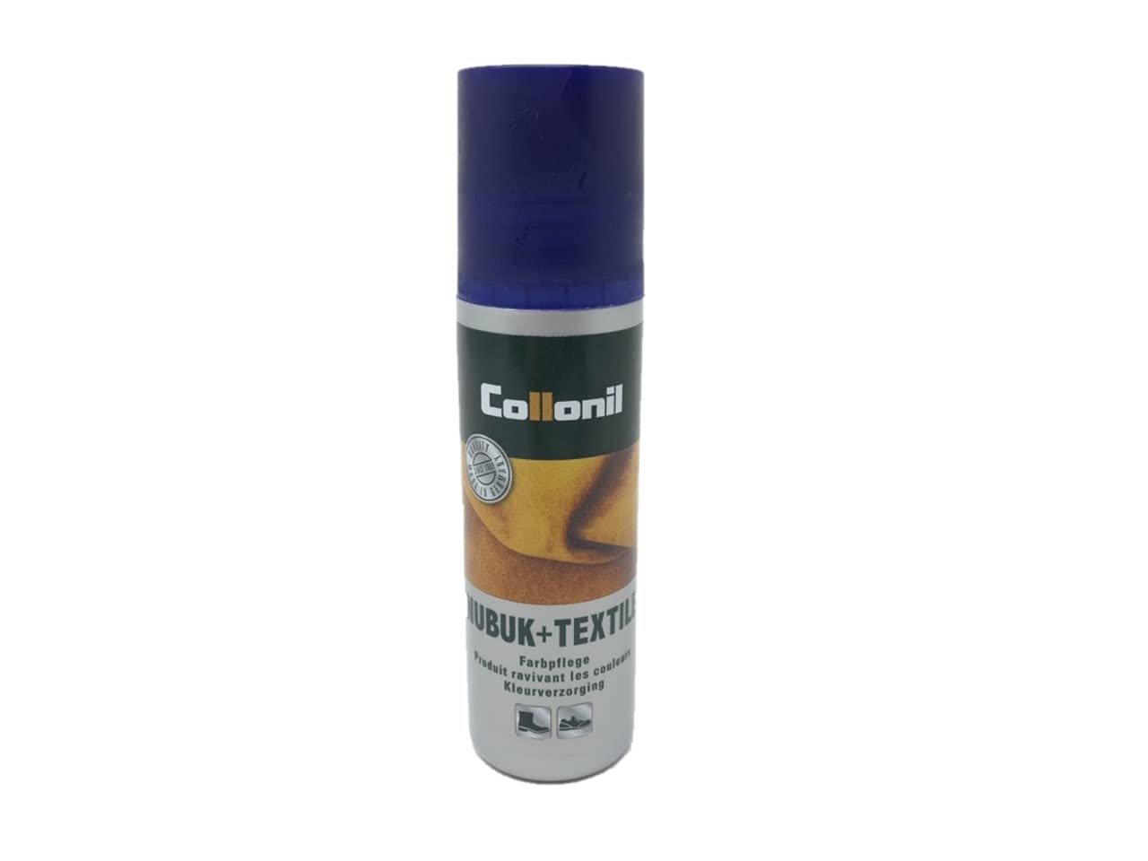 Une vue rapprochée du produit Collonil Velours Nubuck, mettant en évidence sa texture et son emballage.