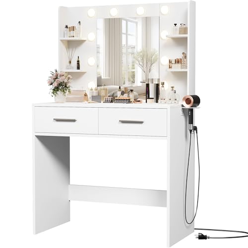 Image of Furmax Make up Vanity Desk with Mirror and Power Outlet, Vanity with 3 Color Light Options Adjustable Brightness,Vanity Desk with 2 Drawers, 6 Storage Shelves (White, No Bench)