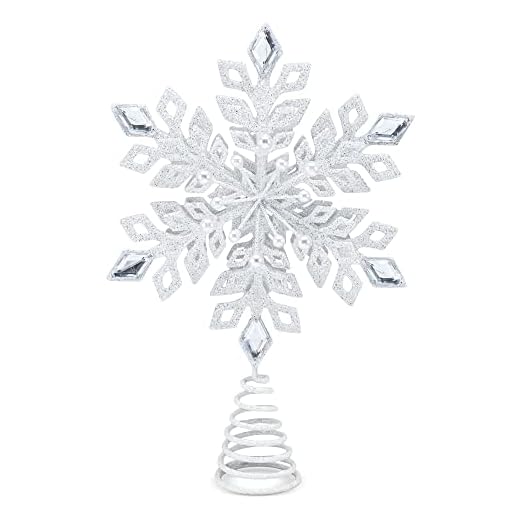 Ornativity Glitter Snowflake Tree Topper - White Sparkling Jewel Snow Flake Christmas Decor Tree Top Xmas Holiday Decoration with Gem Design 11.5"