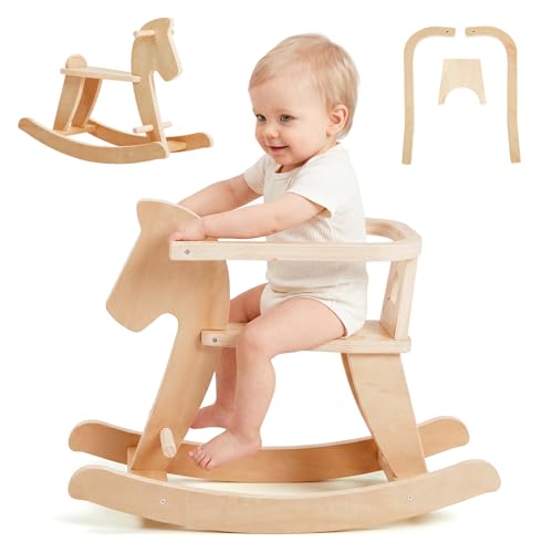 labebe - Wooden Rocking Horse Baby Wooden Ride On Toys for 12M+ Classic Rocker Toy with Removable Fence Toddler Riding Toy Indoor/Outdoor Nursery Birthday Gift (Natural)