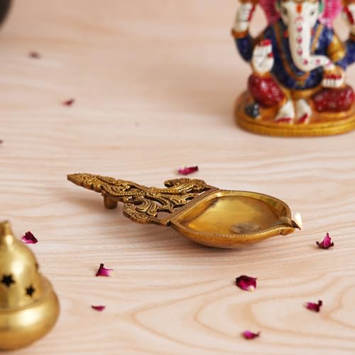 Image of eCraftIndia Golden Ethnic Design Brass Diya with Handle - Ideal for Home Temple for Ganesh Chaturthi, Navaratri, Diwali