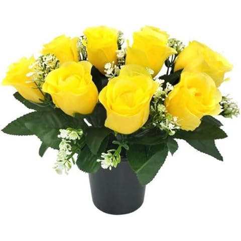 12 Yellow Roses Grave Flower Pot with Foam Insert Cover