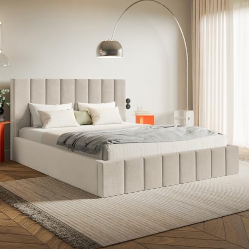 MOTIVENA Ibiza Bett 120x200 Beige Samt, mit Stauraum, mit Kopfteil, mit Lattenrost, ohne Füße, ohne Matratze, Polsterbett 120x200 mit Bettkasten Beige (Creme)