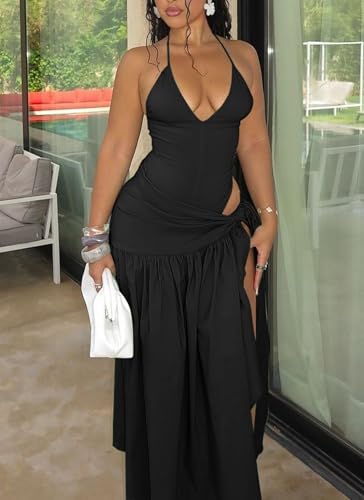 Image of Maxi Skirt Sets Women 2 Piece Outfits Sexy Lace-Up V Neck Backless Bodysuit and Wrap Tied Summer Long Skirt Set Black