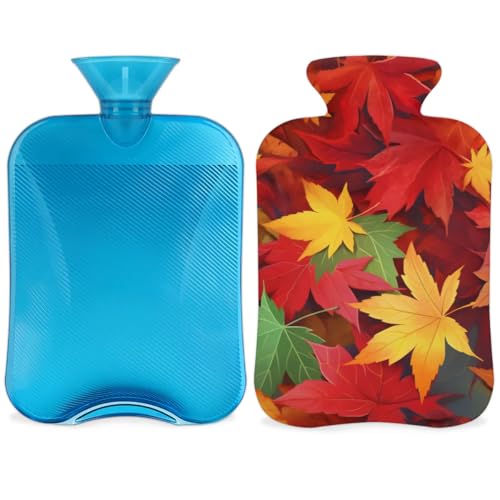 Hot Water Bottle with Soft Cover,2L Maple Leaf Hot Water Bag for Hot and Cold Compress, Hand Feet Warmer, Graffiti Rubber Hot or Cold Water Bottle Halloween Christmas Decorations