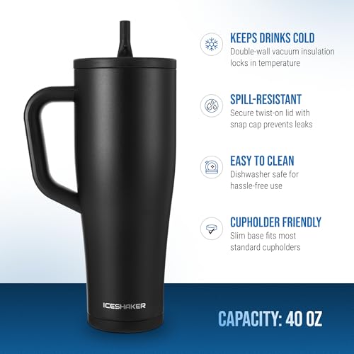 Image of Ice Shaker 40 oz Tumbler with Handle and Straw | 40oz Black | Cold for 30+ Hours | 2-in-1 Tumbler Shaker Bottle | Odor-Free 40 ounce Bottle for Water, Protein Shakes, Smoothies, Cocktails