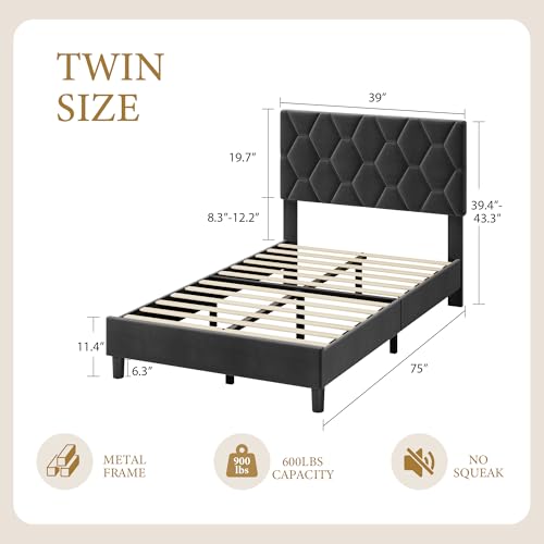 GAOMON Grey Twin Bed Frame with Upholstered Headboard, Heavy-Duty Platform Bed Frame with Strong Wood Slats, No Box Spring Needed/Noise Free/Easy Assembly