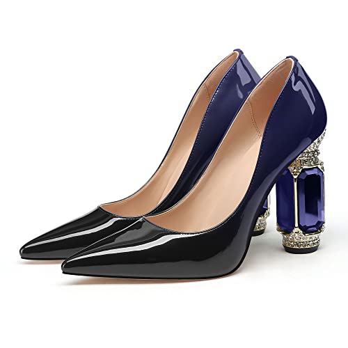 Image of JANSEVEN Women Chunky Heels Pumps Crystal Block Heels with Rhinestones Pointed Toe Sexy Gradient Patent Leather Slip on Bridal Party Wedding Dress Shoes 5-13 M US