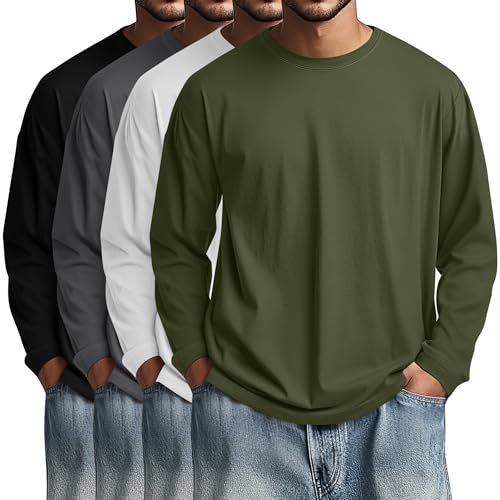 Image of August Alley 4 Pack Men's Big and Tall Cotton Shirts L-7XL, Long Sleeve Oversized Tops Loose Casual Large T-Shirts Basic Tee