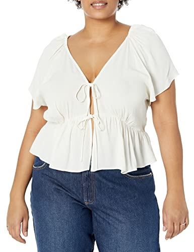 The Drop Women's Elize Puff-Sleeve Tie-Front Crepe Blouse, Whisper White, L #TOP4