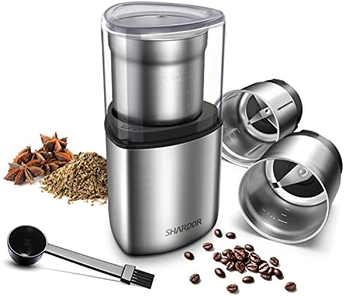 SHARDOR Coffee Grinder Electric, Herb Grinder, Spice Grinder Electric, Wet Grinder for Spices and Seeds with 2 Removable Stainless Steel Bowls, Silver