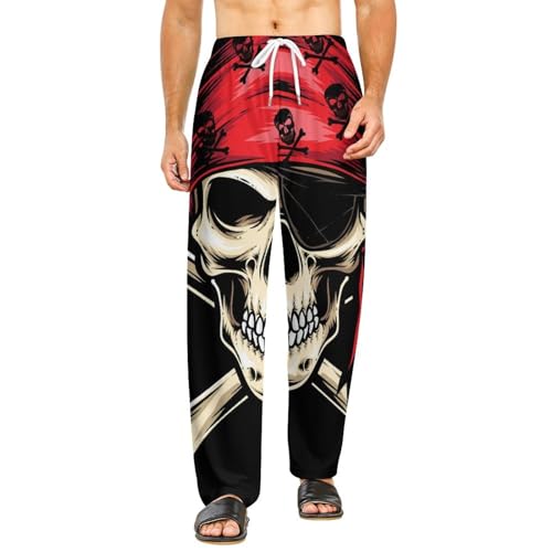 Pantalon vêtements de nuit femme : bas de pyjama long rouge motif tête de mort en S