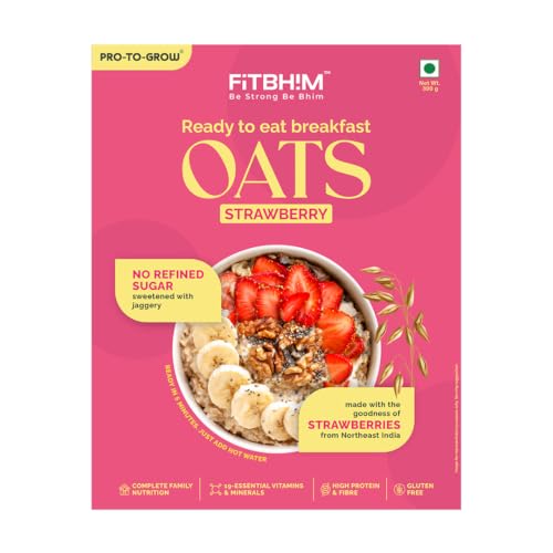 Image of ProToGrow Ready to Eat Strawberry Oats | No Refined Sugar - 300g Box | Instant Breakfast for 3+ yrs | Gluten Free | High Protein & Fibre | 19 Vitamins & Minerals | Real Strawberry, Jaggery