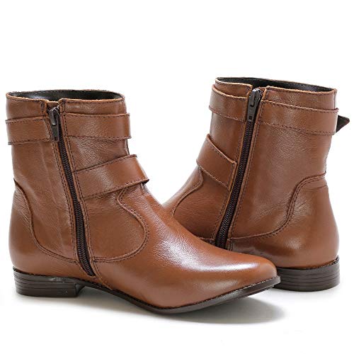 Bota Feminina Couro Cano Médio Fivela Dupla (34, Marrom)