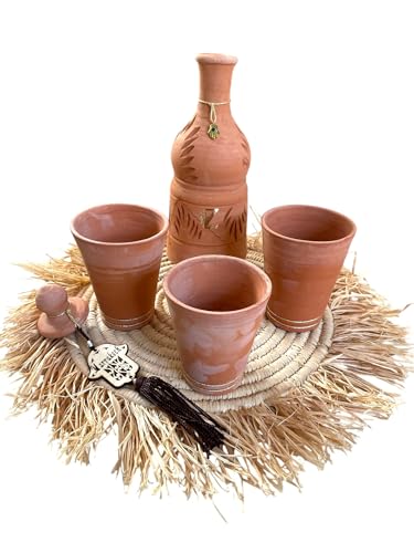 Set brocca d'acqua in argilla naturale | Caraffa e tazze in terracotta non smaltata + vassoio | Piccola caraffa per fango tradizionale | Barattolo di ceramica per acqua potabile 1 l +o -