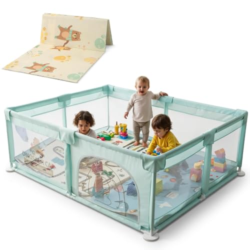 Image of Baybee 180 x 150 Cm Kids Playpen for Babies with Play mat | Baby Play Area Indoor Setup with Zipper Door | Kids Activity Floor Mat Playards | Outdoor Play Pen for Baby 0-5 Years (Green)