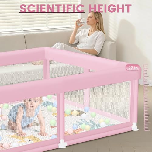 Image of Large Baby Playpen with Mat 50 inchx50 inch Baby Girl Play Pen for Babies and Toddlers, Safe Structure and Soft, Skin-Friendly Fabric with Zipper Gates Pink