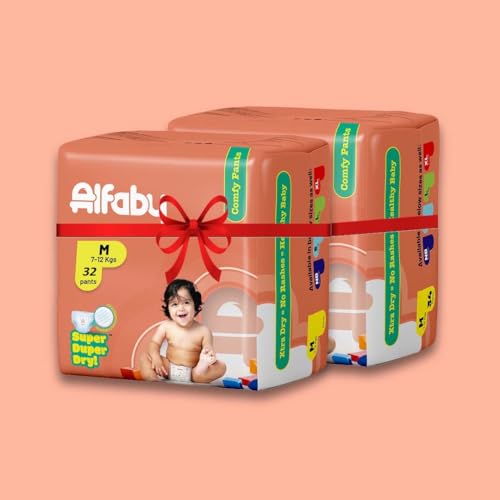 Image of Alfaby Baby Diapers Pants | M Size (7-12 kg), 64 Count | Super Dry Comfy Pant Style Disposable Diapers for Babies | Leak Proof, Soft & Rash Free | Uninterrupted Baby Sleep | Upto 12 Hours Absorption