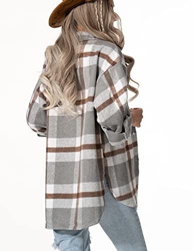 Lviefent Womens Casual Wool Blend Plaid Flannel Shackets Jacket Button Down Shirt Coat (Zz-Grey, Large) #TOP2