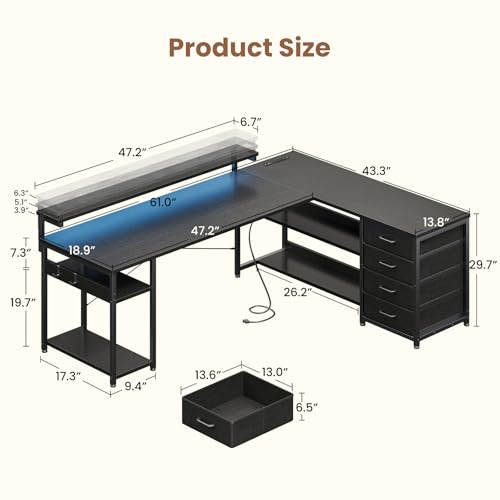 Image of AODK 61 Inch L Shaped Computer Desk with 4 Drawers, LED Lights, Black