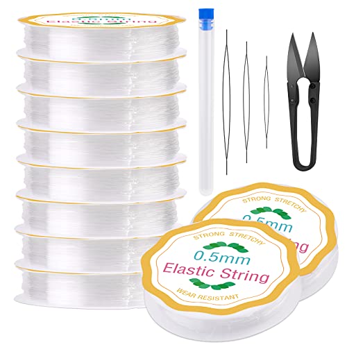 10 Rollen Elastische Perlen Faden, Gummiband für Armbänder, Perlen Faden Starker Kristall Elastischer Faden Transparente Perlenschnur Gummifaden mit Perlennadeln, Nadelflasche, Garnschere(0,5 mm) Cover