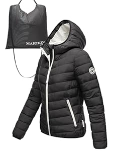 MARIKOO Damen leichte Übergangsjacke Kurze Steppjacke mit innen eingenähter Tragetasche zum einfachen Verstauen und praktischem Umhängen der Jacke Pack Mich EIN Black Gr. M