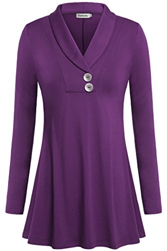 Ouncuty Womens Tunic Tops,Women Flowy Tops Long Sleeve V Neck Tunic Sweatshirts Flattering Tunics Shirts Button Down Blouses Elegant Dressy Hoodie Ladies Casual Loose Pleated Sweaters,Purple Medium