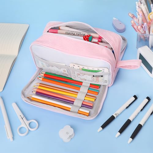 Image of iSuperb Big Capacity Corduroy Pencil Case 3 Compartments Pen Pouch Simple Organizer Bag Large Capacity Pencil Box for Adults (Pink)